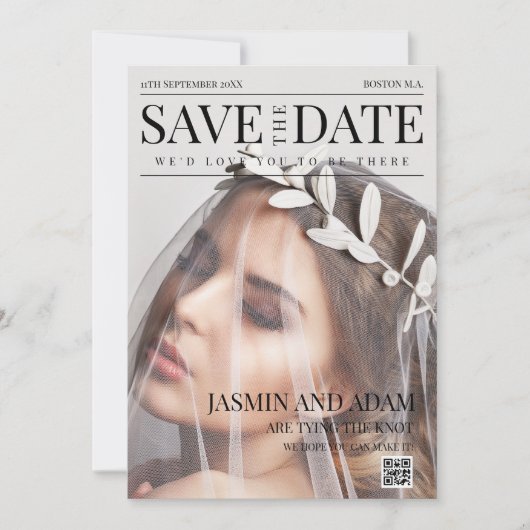 Unieke tijdschrift stijl redactionele foto bruilof save the date (Voorkant)