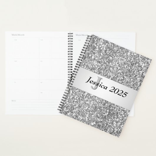 Unieke Trendy Glitter Glam Zilveren Girly Monogram Planner (Display)