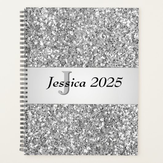 Unieke Trendy Glitter Glam Zilveren Girly Monogram Planner (Voorkant)