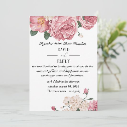 Unieke trouwuitnodiging met rode en witte rozen save the date (Staand voorkant)