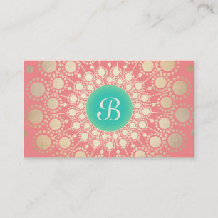Unieke turquoise, goud, roze koraal monogram visitekaartje