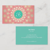 Unieke turquoise, goud, roze koraal monogram visitekaartje (Voorkant / Achterkant)