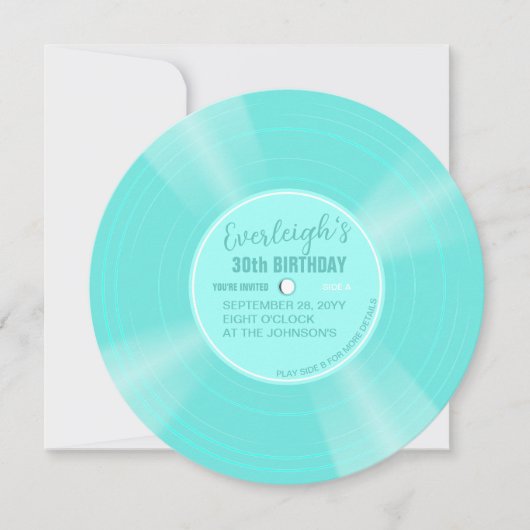 Unieke Turquoise Vinyl Record Verjaardag Uitnodigi Kaart (Voorkant)