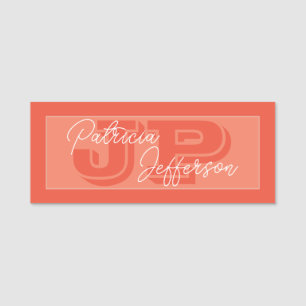 Unieke twee tonen Oranje witte monogram handgeschr Naamplaatje