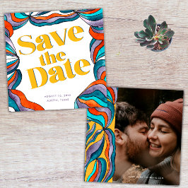 Unieke Vet Boho Groovy Retro Gele Golvende Foto Save The Date