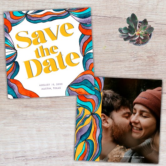 Unieke Vet Boho Groovy Retro Gele Golvende Foto Save The Date
