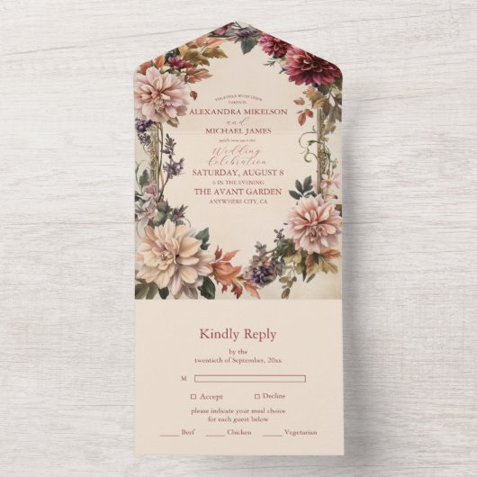 Unieke Victoriaans Royal Floral bruiloft All In One Uitnodiging (Binnen)