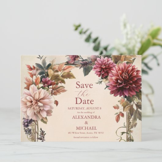 Unieke Victoriaans Royal Floral bruiloft Save The Date (Staand voorkant)
