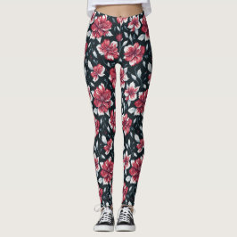 Unieke vintage retro rode en zwarte bloemmotief  leggings