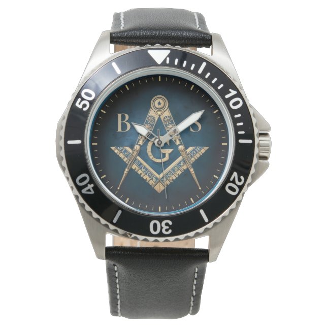 Unieke vrijmetselaarscadeaus | Blauw Goud Masonic  Horloge (Voorkant)
