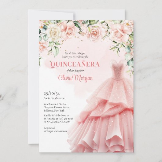 Unieke waterverf blush bloesem formele roze jurk kaart (Voorkant)