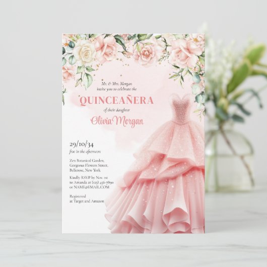 Unieke waterverf blush bloesem formele roze jurk kaart (Staand voorkant)