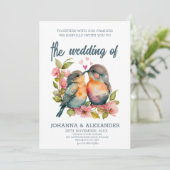 Unieke Waterverf Lovebirds bruiloft uitnodiging (Staand voorkant)