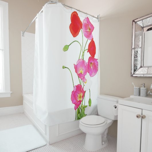 Unieke Waterverf rode roze witte papaver Douchegordijn (In situ)