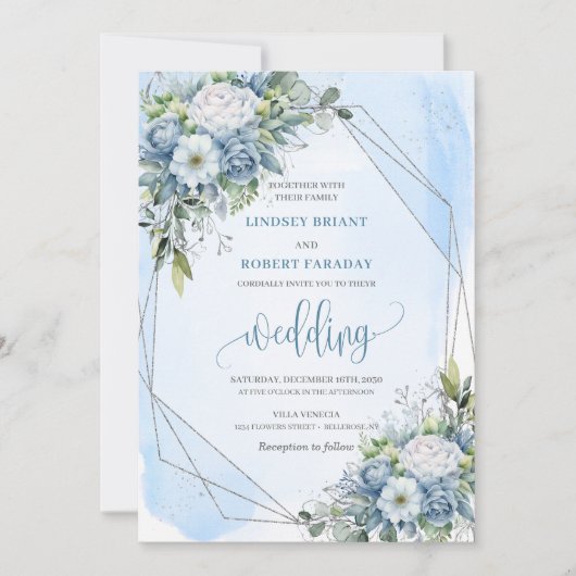 Unieke Waterverf Stoffig Blauw Wit Zilver Bloemen Kaart (Voorkant)