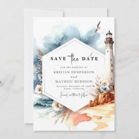 Unieke Waterverf Whimsy Lighthouse bruiloft Save The Date (Voorkant)