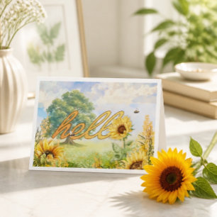 Unieke wenskaart met Hallo en zonnebloemen Bedankkaart