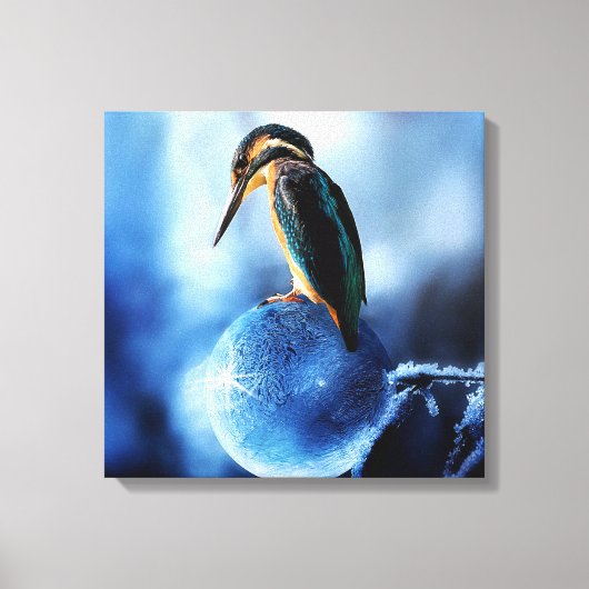 Unieke winterkingfisher op bevroren bubbels canvas afdruk (Voorkant)