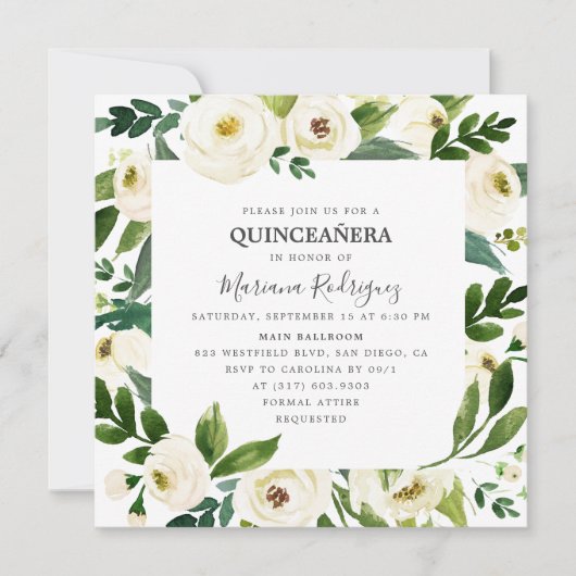 Unieke witte bloemen en groen Quinceañera Kaart (Voorkant)
