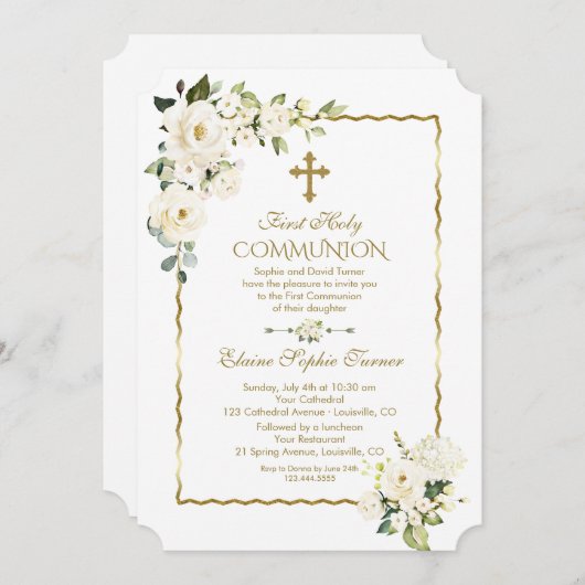 Unieke Witte Bloemen Goud Eerste Heilige Communie Kaart (Voorkant / Achterkant)
