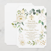 Unieke witte bloemen gouden lijst heilige communie kaart (Voorkant / Achterkant)