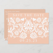 Unieke witte damast en  rood Save the Date Aankondigingskaart (Voorkant / Achterkant)
