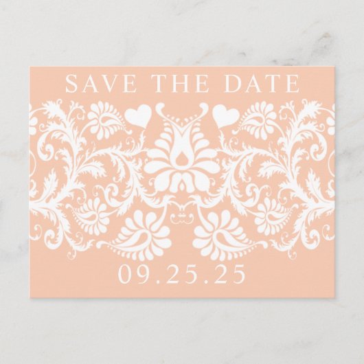 Unieke witte damast en  rood Save the Date Aankondigingskaart (Voorkant)