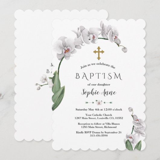 Unieke witte orchidee bloemen gouden meisje doop kaart (Voorkant / Achterkant)