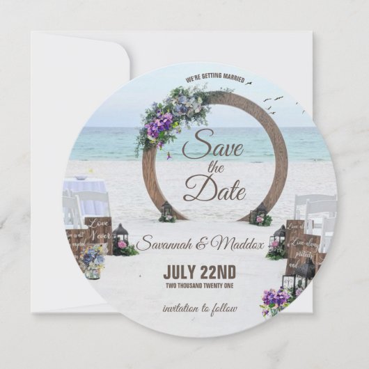 Unieke Wooden Arbor Beach Flowers Weddenschap Save The Date (Voorkant)