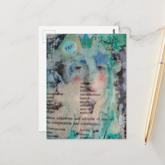 Unieke YAY persoon mixed media collage Briefkaart (Voorkant / Achterkant in situ)