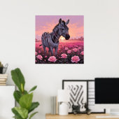 Unieke Zebra in Roze Rozen Veldschilderij Poster (Thuiskantoor)