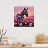Unieke Zebra in Roze Rozen Veldschilderij Poster (Keuken)
