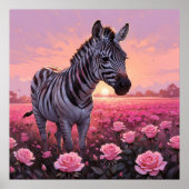 Unieke Zebra in Roze Rozen Veldschilderij Poster (Voorkant)