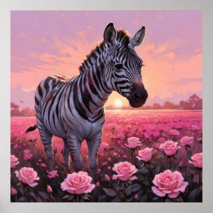 Unieke Zebra in Roze Rozen Veldschilderij Poster