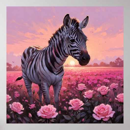 Unieke Zebra in Roze Rozen Veldschilderij Poster (Voorkant)