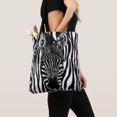 Unieke zebra kop op zebraprint tote bag (Dichtbij)