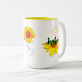 Unieke Zonnebloem Koffiemok (Naam, Monogram Cadeau Tweekleurige Koffiemok (Voorkant rechts)