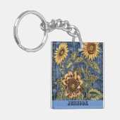 Unieke Zonnebloemen op Denim Sleutelhanger (Voorkant Links)