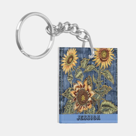 Unieke Zonnebloemen op Denim Sleutelhanger (Voorkant Links)