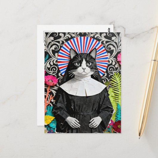 Unieke Zuster Kitty de Kat Non Collage Briefkaart (Voorkant / Achterkant in situ)