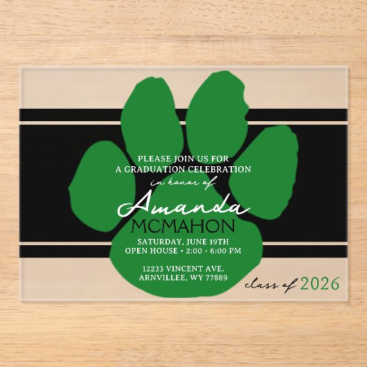 Unieke zwart en groen Afstuderen Pawprint Elegant Acryl Uitnodigingen (Voorkant)