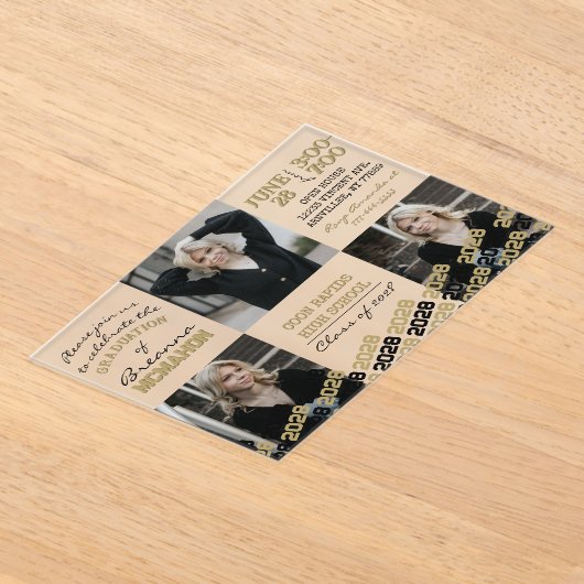 Unieke Zwart & Goud Afstuderen 3 Foto Frosted Acryl Uitnodigingen (Laagn)