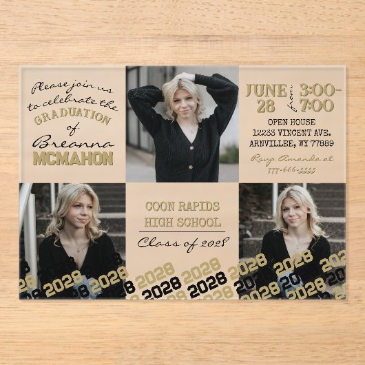 Unieke Zwart & Goud Afstuderen 3 Foto Frosted Acryl Uitnodigingen (Voorkant)