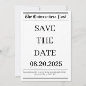 Unieke zwart-wit Quinceañera krantenfoto Save The Date (Achterkant)