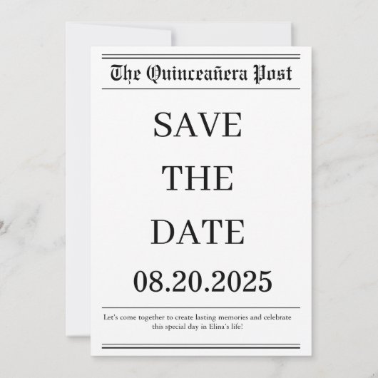 Unieke zwart-wit Quinceañera krantenfoto Save The Date (Achterkant)
