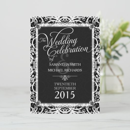 Unieke zwart witte kant tribal batik bruiloft kaart (Staand voorkant)