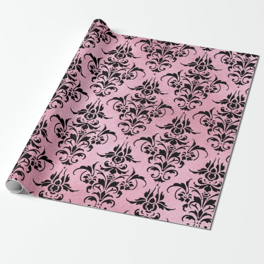 Unieke zwarte Damask op Roze Cadeaupapier (Uitgerold)