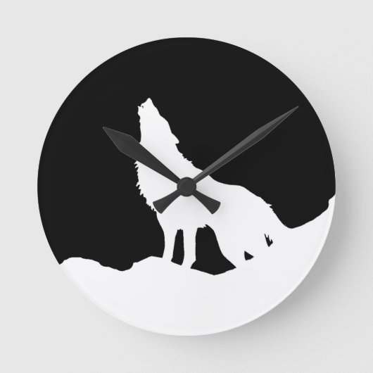 Unieke zwarte en witte Pop Art Wolf Silhouette Ronde Klok (Voorkant)