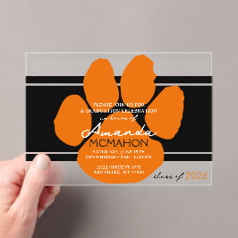 Unieke zwarte & Oranje Afstuderen Pawprint Elegant Acryl Uitnodigingen