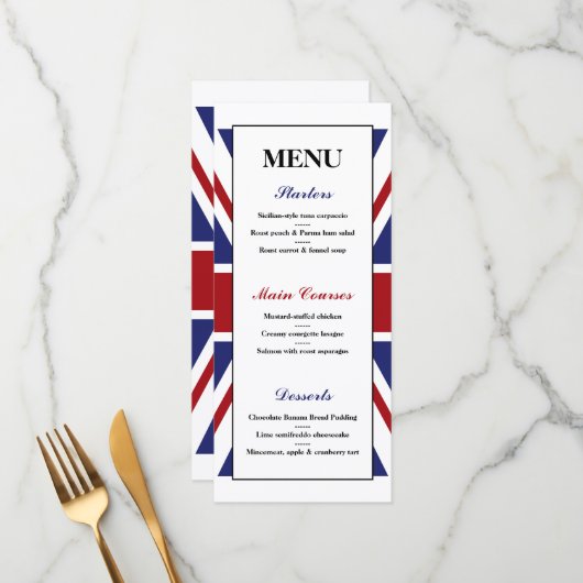 Union Jack Flag British Wedding Menu (Voorkant / Achterkant in situ)